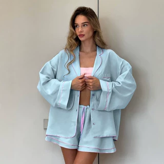 秋冬新品纯棉宽松女款睡衣长袖开衫短裤套装欧美舒适可外穿家居服
