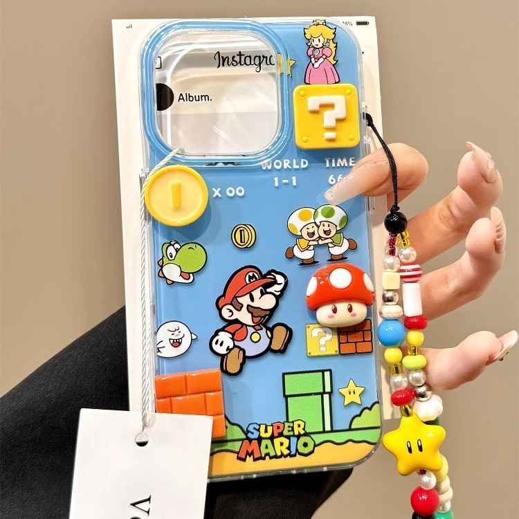 大穴立体キノコマリオチェーン付きiPhone17promax/Apple15/14用スマホケース（女性向け）|undefined