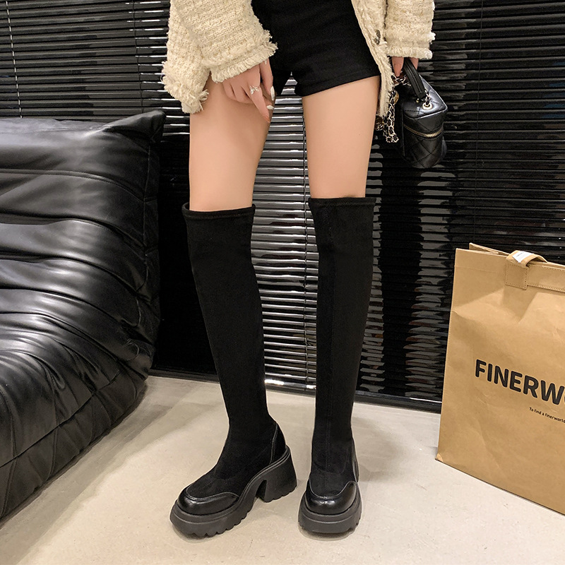 Small, thick soled, high-heeled, elastic, slim sock 2024 autumn and winter, retro Maillard knee high boots for women_voghion.com
