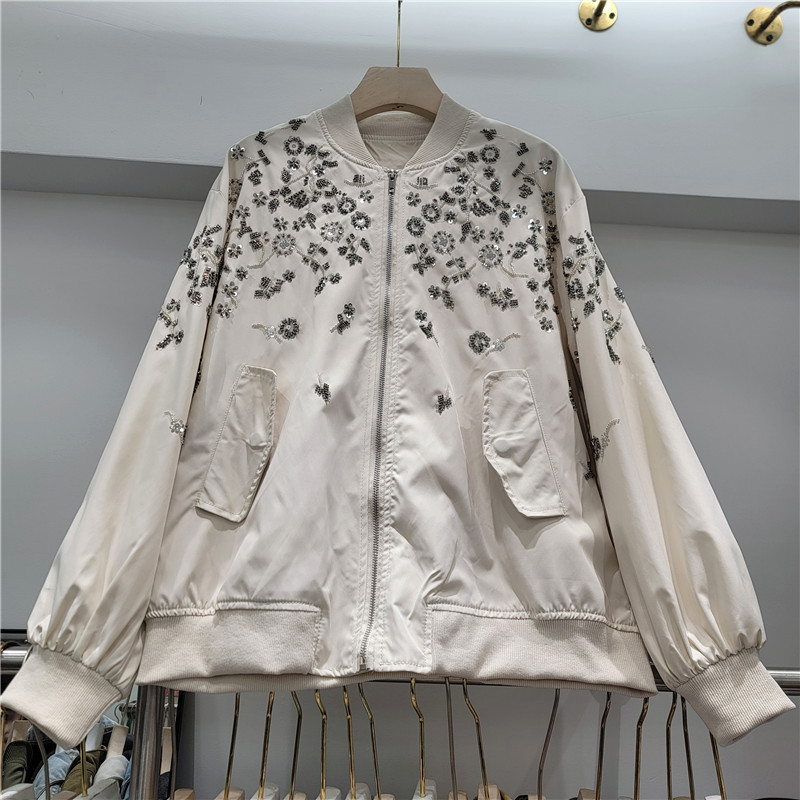 2026 primavera nueva dulce de moda chica cuentas plateadas bordadas flores sueltas chaqueta de abrigo corto