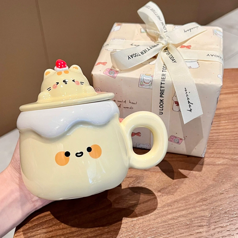 Подарок на день рождения для девушки: милая керамическая кружка "молоко фуфу" с крышкой и ложкой, стильная домашняя кружка, подарок на выпускной