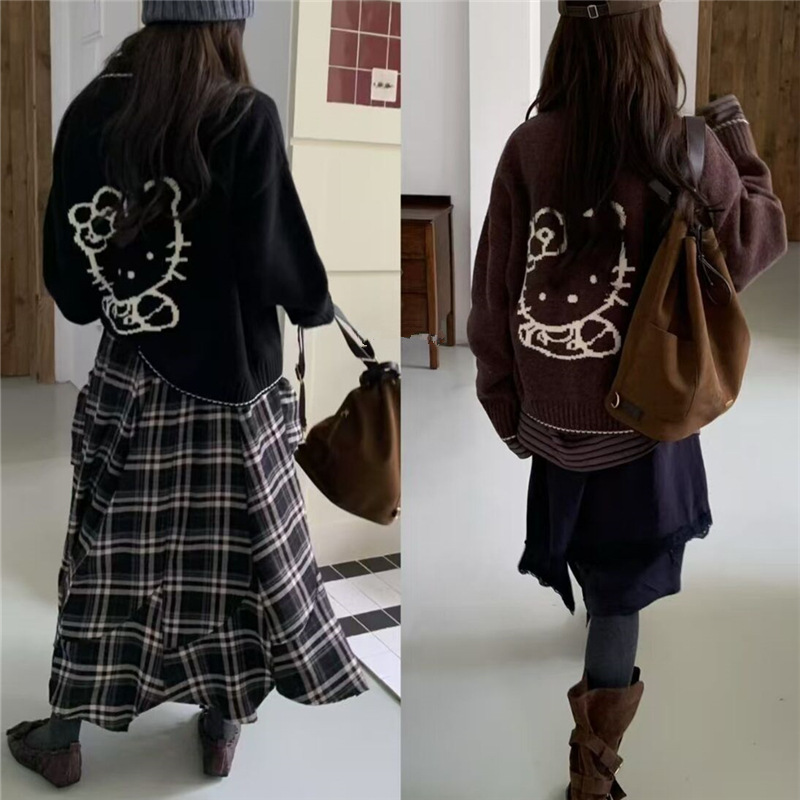 Coreano de cuello en v espalda caricatura gatos jacquard cardigan de punto mujeres 2025 otoño y invierno nuevo suéter suelto abrigo de moda image 1