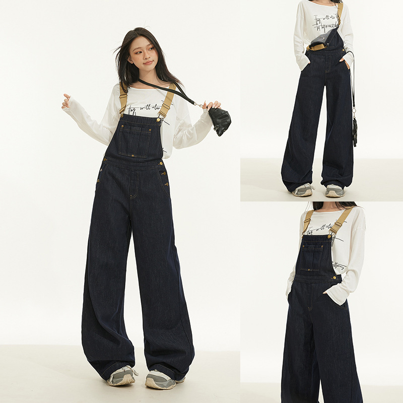 Dark Blue Denim Overalls for Women, Autumn 2026 New Style, High-Waisted, Slimming, Straight-Leg, Loose, Wide-Leg, Floor-Length Jumpsuit
