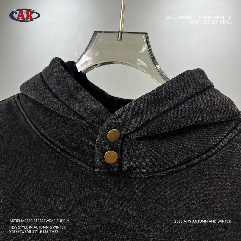 ARTIE|2025秋冬新品370G保暖潮牌四合扣连帽加绒水洗黑蜡染卫衣|undefined
