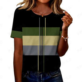 2025新款欧美女士休闲3D印花短袖T恤衫圆领短袖上衣 短袖圆领上衣