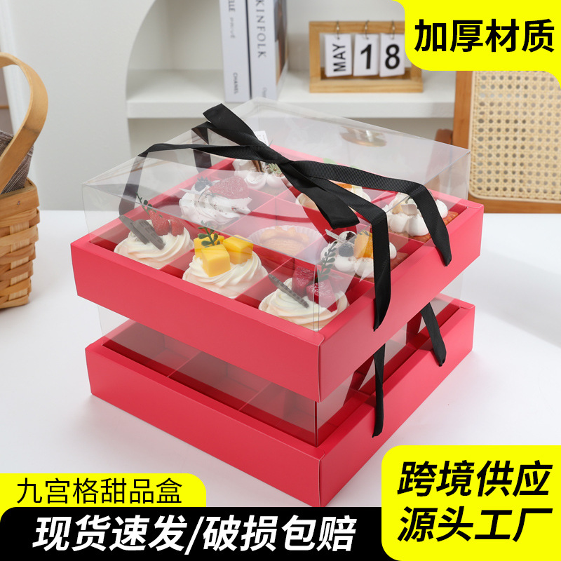 Rosa roja 9 taza de rejilla de palacio taza de papel caja de pastel portátil caja de empaque de postre transparente para llevar caja de picnic de frutas