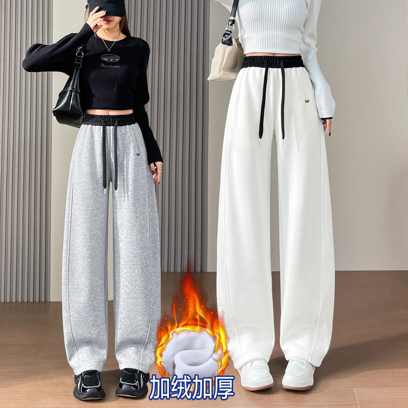 Cotton Wide-Leg Pants for Women, Color-Blocked Sickle Pants, Autumn and Winter Fleece-Lined Thick High-Waisted American-Style Sports Casual Sweatpants Cotton Wide-Leg Pants for Women, Color-Blocked Sickle Pants, Autumn and Winter Fleece-Lined Thick High-Waisted American-Style Sports Casual Sweatpants