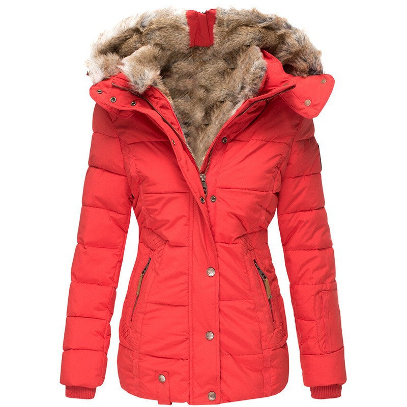 En stock Deseo Amazon invierno cálido Cuello de piel abrigo de algodón-acolchado cremallera de las mujeres de manga larga con capucha delgada abrigo de algodón-acolchado W128