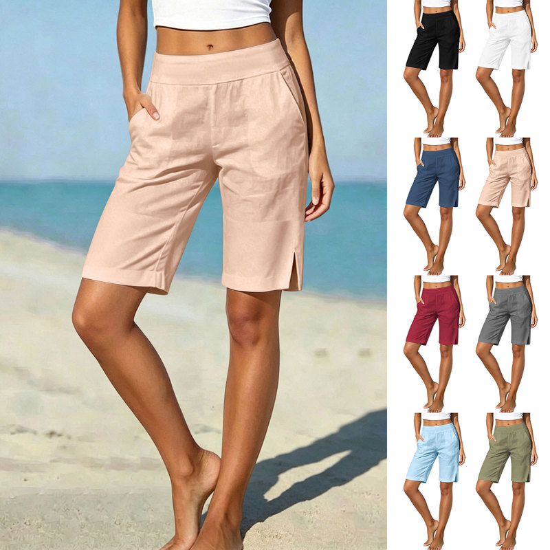 Cross-Border European and American Women's Elastic Waist Solid Color Shorts with Pockets, Casual Knee-Length Summer Beach Shorts Cross-Border European and American Women's Elastic Waist Solid Color Shorts with Pockets, Casual Knee-Length Summer Beach Shorts