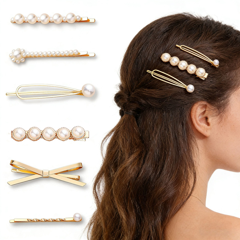 Cross-Border Amazon Hairpin Set Pearl Hairpin Metal Bobby Pin Side Clip Bangs Clip Hair Clip 6-Piece Set