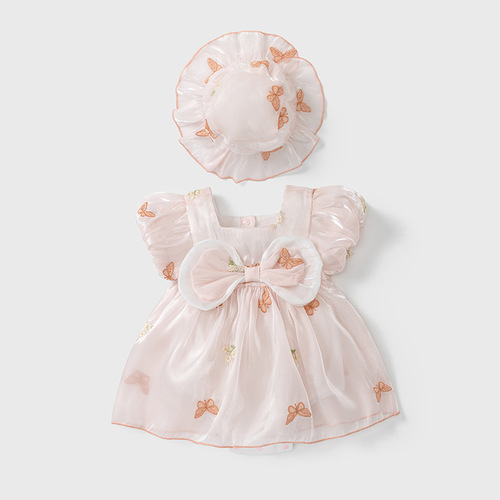 Baby Bodysuit Summer Girl Baby Diaper Cover Embroidered Butterfly Short Sleeve Hem Dress Thin Children's Clothes Princess Dress