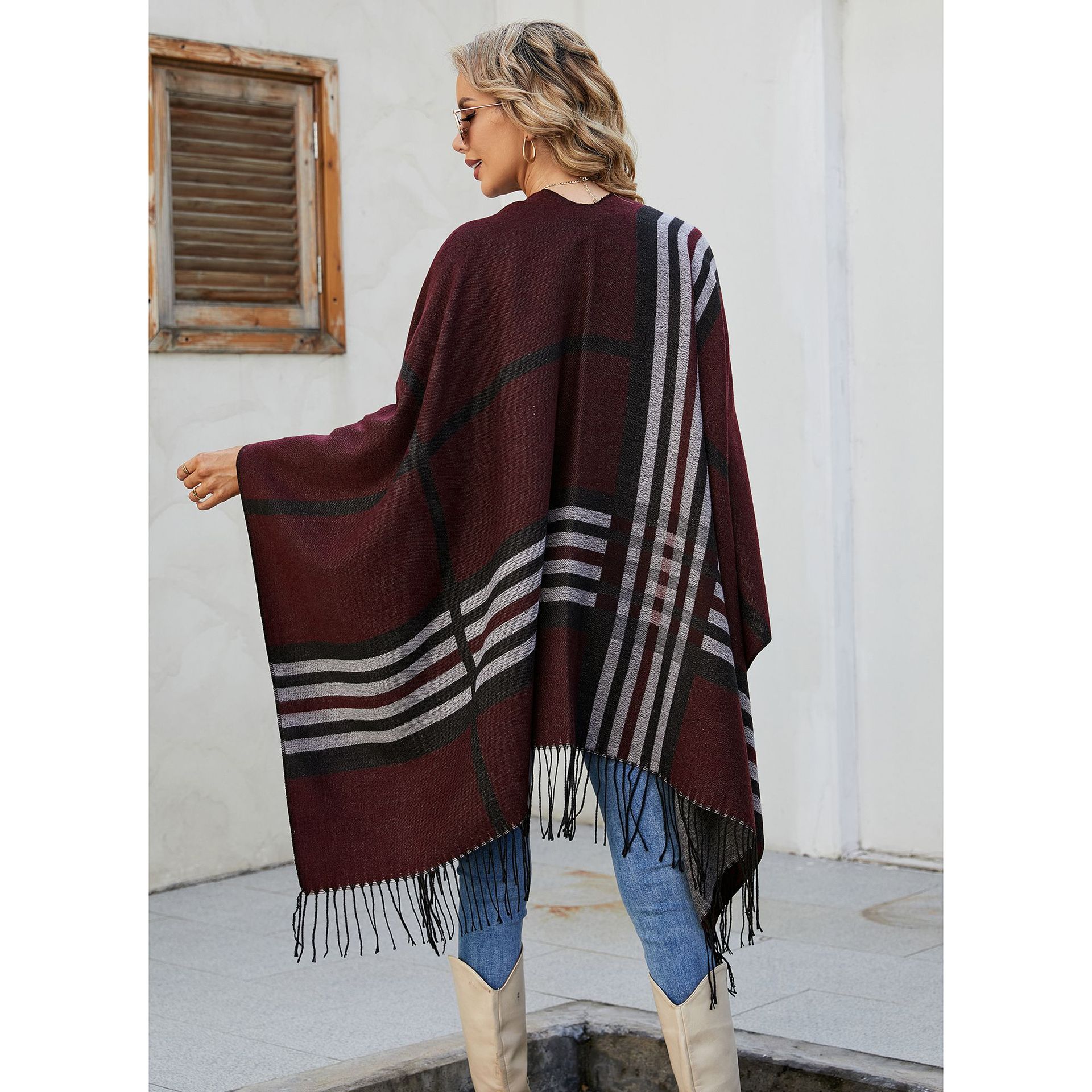 Mantón de las mujeres de primavera, Otoño e Invierno split elegante desgaste exterior de gran tamaño de Cachemira borla a rayas de Europa y América nueva moda Cabo