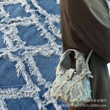 牛仔剪花浅蓝色洗水菱形绣花面料外套套装服饰布料箱包包帽子批发