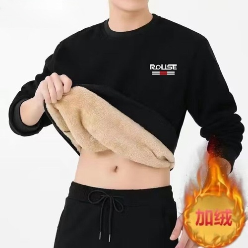 Autumn and Winter Fleece-Lined, Thickened, Plus-Size Lambswool Men's Casual Sports Crewneck Pullover Sweater—Korean-Style Loose Fit for Men