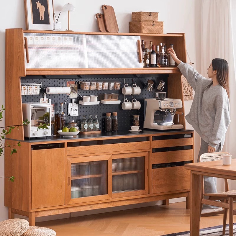 Nordic Solid Wood Sideboard Multi-functional Restaurant Wall Integrated Storage Cabinet Simple Cherry Wood Rock Board High Cabinet