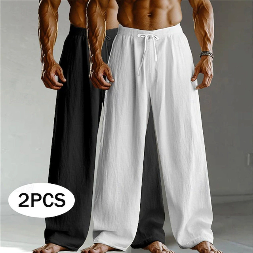 Transfronterizo Amazon primavera y verano hombre pantalones de piernas anchas delgados transpirables algodón y lino sueltos pantalones deportivos casuales de dos piezas para hombres