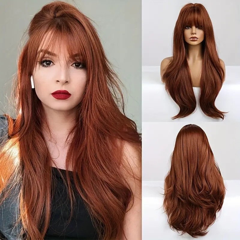 Cross-Border fashion hot girl long curly hair bangs wig female red brown micro volume face repair Amazon wig