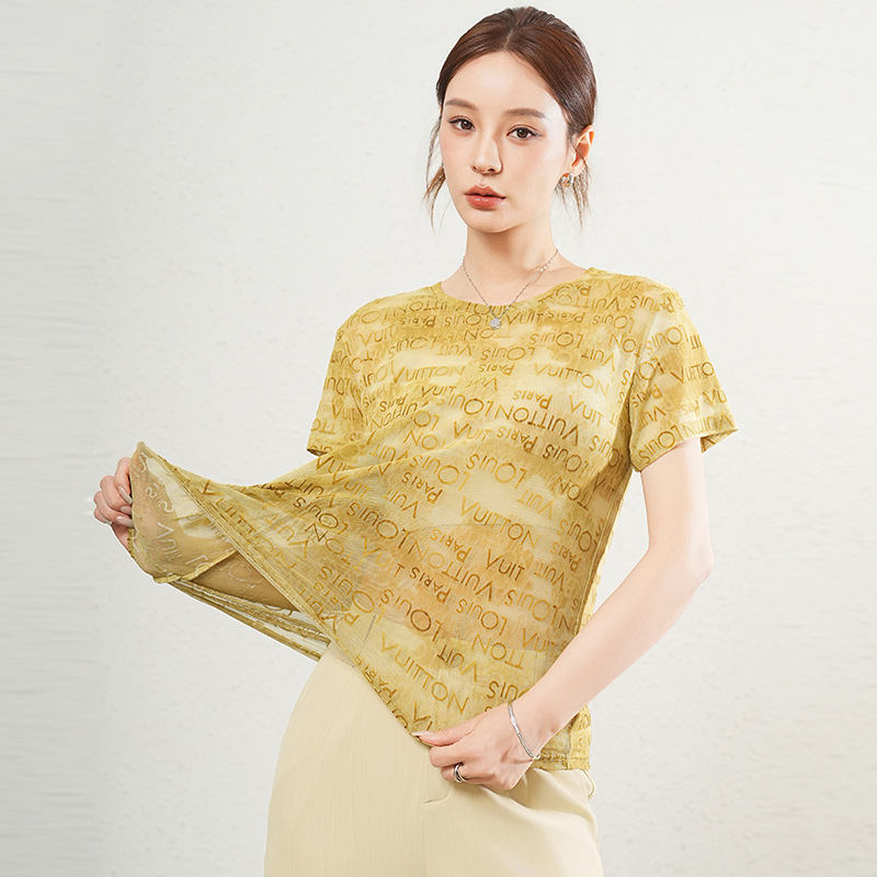 Summer 2025 New Simple Short-sleeved T-shirt All-match Slim-fit Casual Breathable Letter Printed Mesh Stretch Top for Women