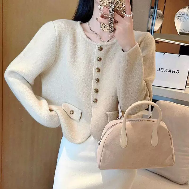Модный элегантный осенний кардиган, свитер, пиджак, стиль Chanel, круглый воротник, свободный крой
