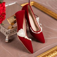 现货销售2022年新款红色新娘鞋订婚鞋 粗跟红色婚鞋伴娘演出鞋
