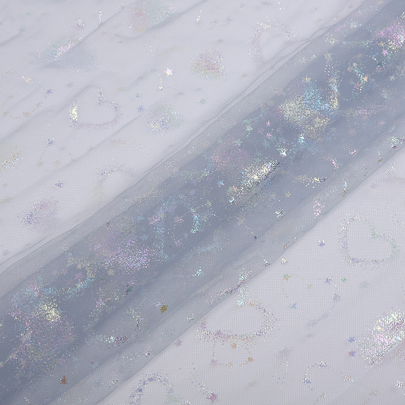 新款幻彩大桃心烫金网纱面料玩具蝴蝶结汉服女装童装七彩爱心网布