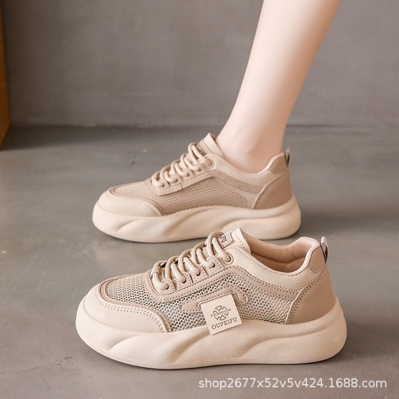 2025 Summer New Style White Sneakers for Women, Breathable Mesh Student Sneakers, Versatile Casual Shoes, Thick-Soled Height-Increasing Trendy Shoes