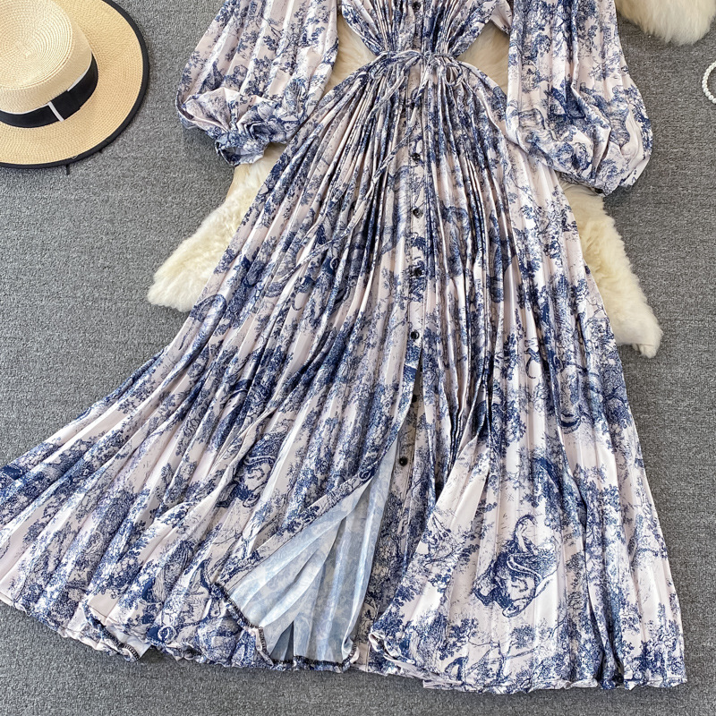 Vêtements pour femmes Automne col rond ample mince à manches longues imprimé satin simple boutonnage robe plissée élégante légère luxe longue jupe_voghion.com