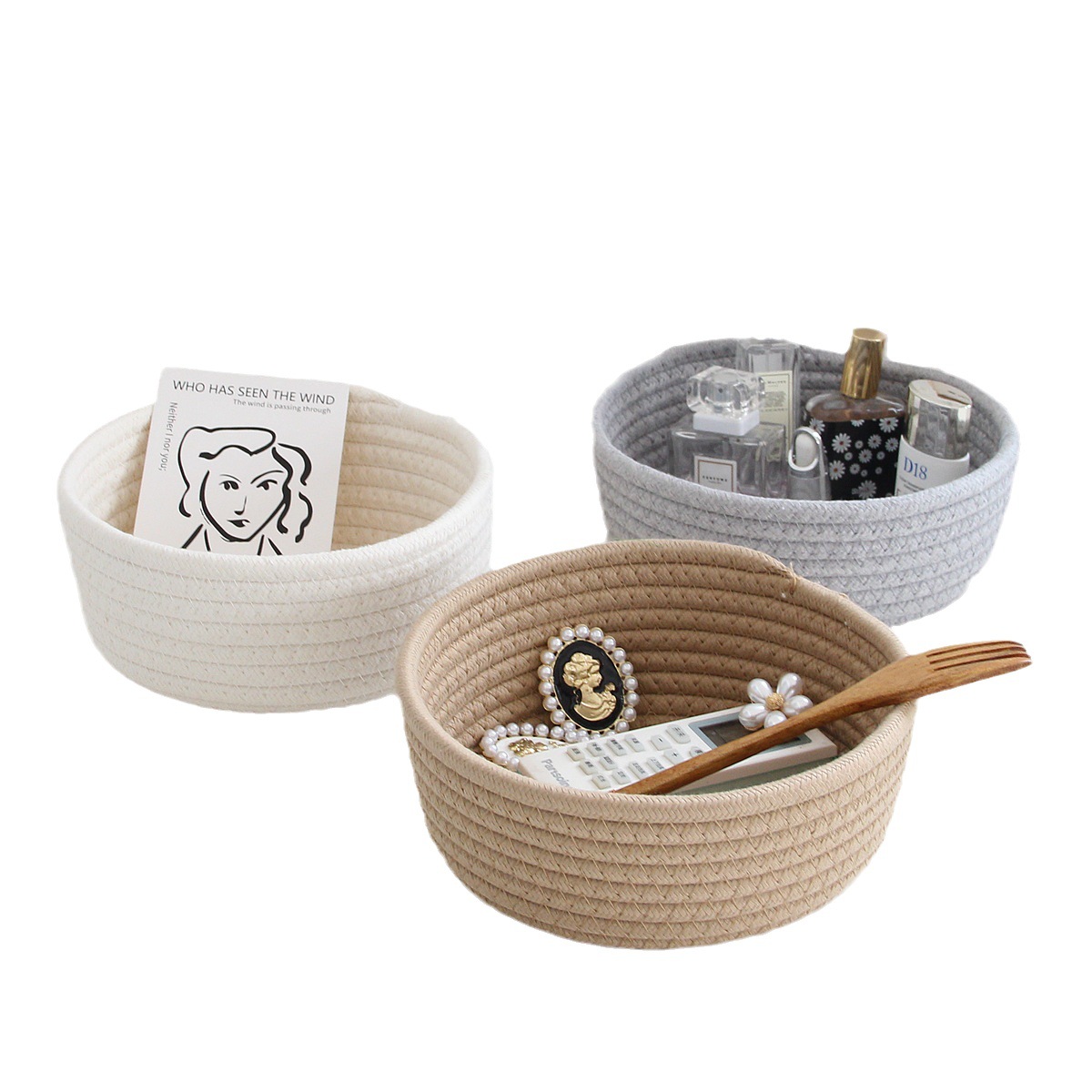 Caja de almacenamiento de escritorio cesta de almacenamiento cesta cosmética merienda pasillo tejido a mano de algodón hilo de almacenamiento cesta