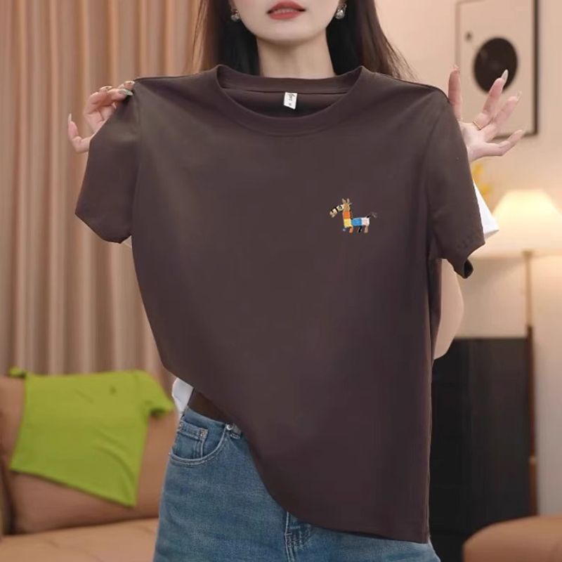 2025新款夏季正肩纯棉短袖t恤女时尚百搭洋气藏青色上衣打底衫|undefined