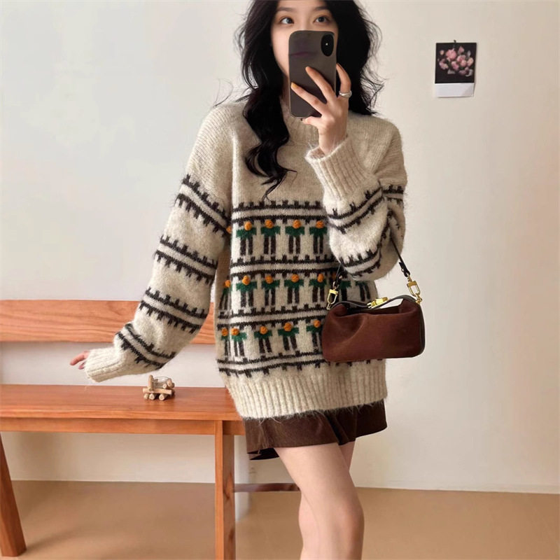 Fair Isle vintage heavy-duty jacquard round-neck pullover sweater for women, new autumn and winter style, loose, soft, and casual knitwear Fair Isle vintage heavy-duty jacquard round-neck pullover sweater for women, new autumn and winter style, loose, soft, and casual knitwear