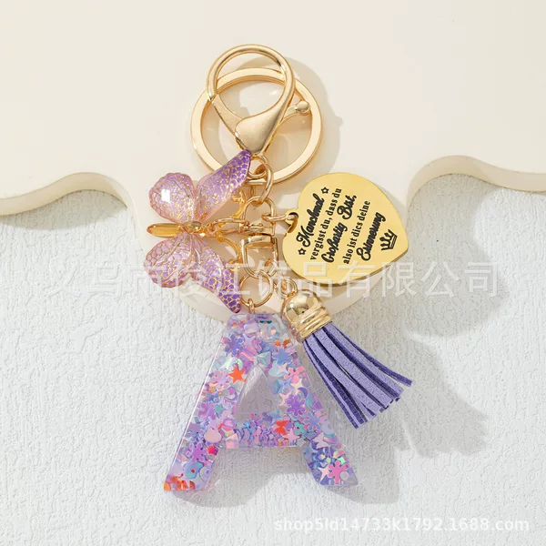 Purple Snowflake Sequin Letter Resin Keychain for Women's Bags, 26-Letter Butterfly Stainless Steel Heart Pendant