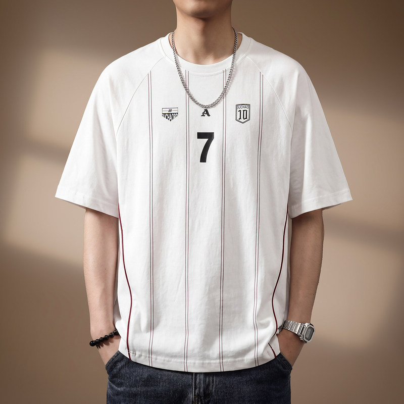 High-End American Retro High-Street Sports Jersey Short-Sleeved Men's Summer Heavy-Duty Trendy Printed Round-Neck T-Shirt High-End American Retro High-Street Sports Jersey Short-Sleeved Men's Summer Heavy-Duty Trendy Printed Round-Neck T-Shirt