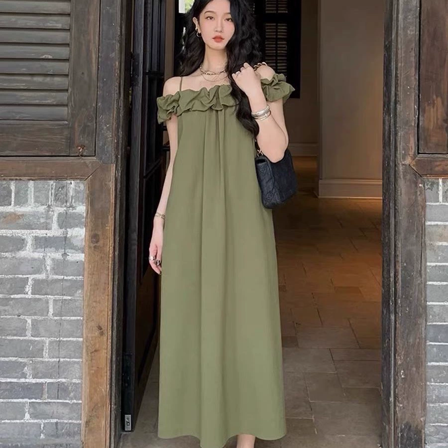 Плюс размер, слегка полная MM, стиль Pure Desire, платье на подтяжках на одно плечо, женская летняя юбка 2025, длинная юбка с открытыми плечами, утягивающая фигуру