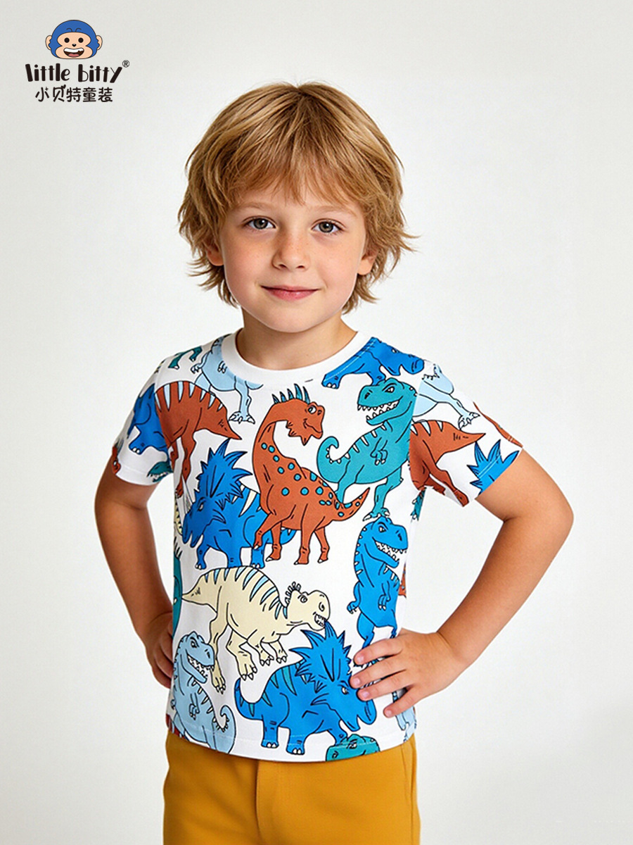 Cross-Border Supply 26 Years of Experience in Spring and Summer Boys' T-Shirts with Cartoon Dinosaur Abstract Print Round Neck Children's Short-Sleeve In-Stock Children's Clothing