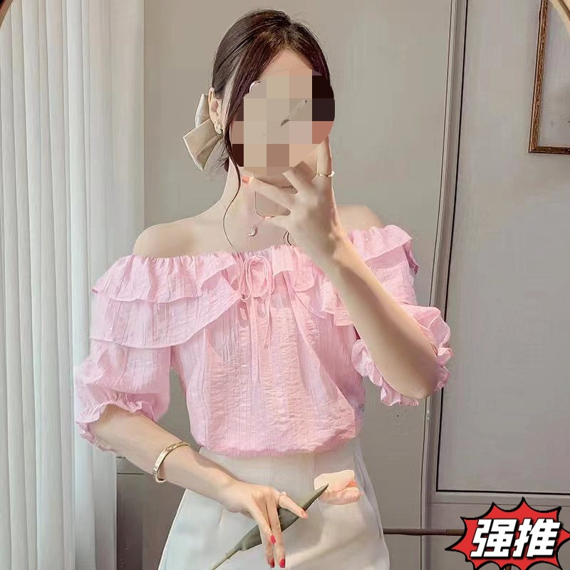 프랑스 러플 숄더 셔츠 여성용 반팔 2024 여름 느슨한 배를 덮는 외국 스타일 예쁜 시폰 탑