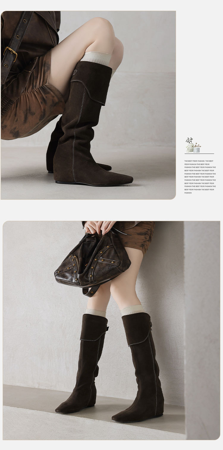 Boot nữ cổ cao da mờ phong cách Wasteland, đế xuồng tăng chiều cao, mùa thu đông — Màu nâu, xanh xám chi tiết 5