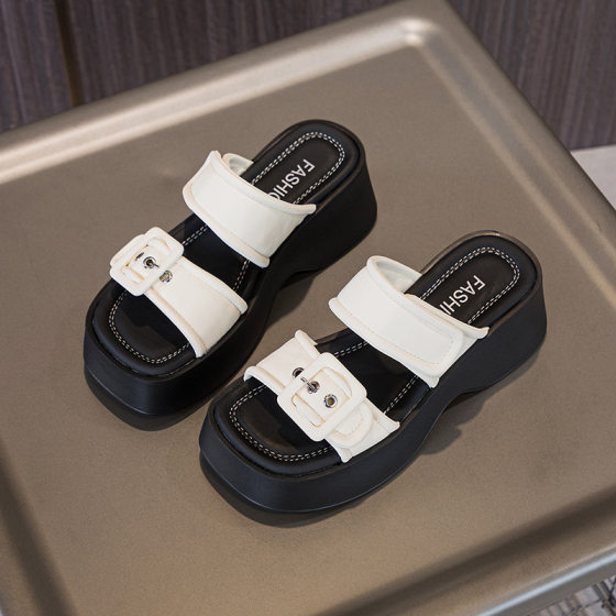 2025 Summer New Outfit Thick Slippers Women's Sequins Niche Open Toe Sandals I-Shoes High Casual Shoes