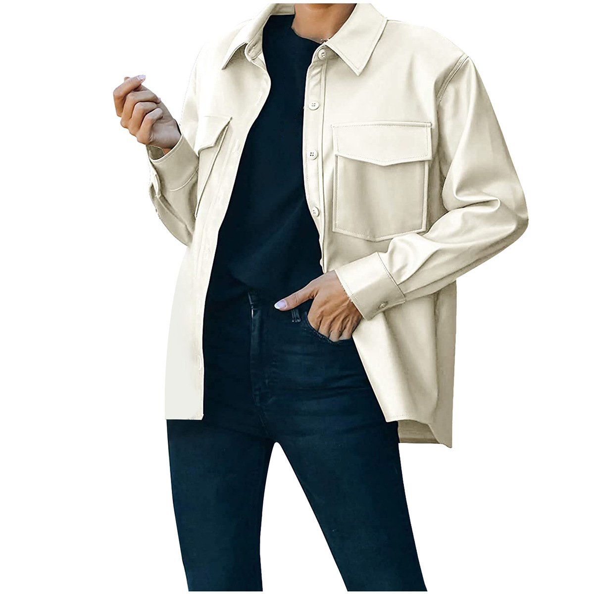 Europe And America Cross-border Women With Breast Pocket Button Casual Short Long Sleeve Jacket PU Leather Jacket