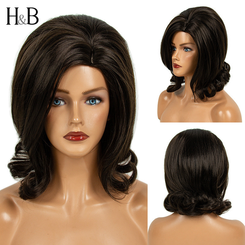 American 60S Retro Holiday Cos Dress up Wig Dark Brown Oblique Bangs High Hat Beehive Wig Female Curly Hair