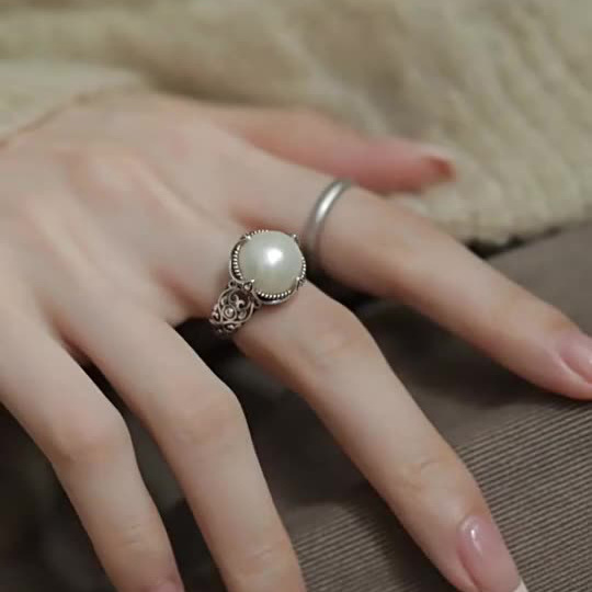 Vintage Pearl Hollow Ring For Women Adjustable Open Design_voghion.com