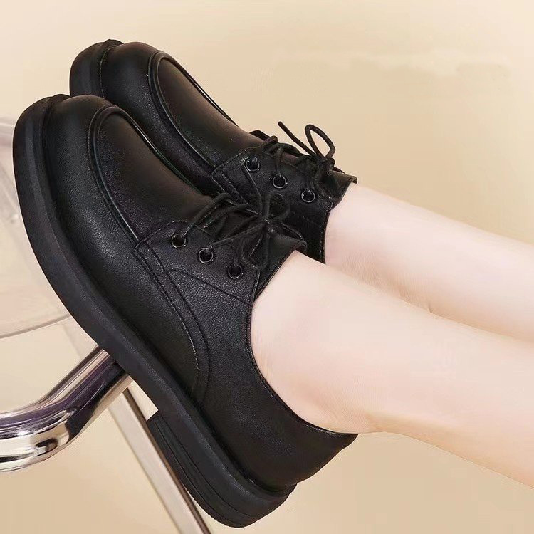 真皮女鞋单鞋女2025新款春季圆头系带小皮鞋休闲百搭3cm粗跟软底