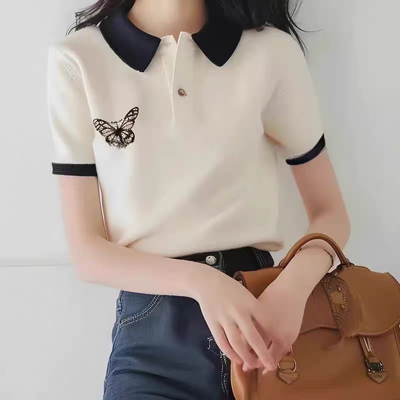 Áo thun nữ cổ polo tay ngắn trắng đơn giản họa tiết bướm — Màu trắng chi tiết 7