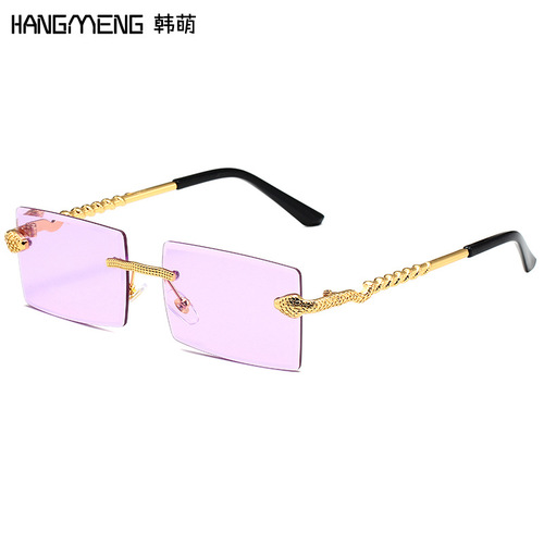 New European and American rimless square glasses, snake-shaped metal cut-edge sunglasses, personalized fashion street style sunglasses cross-border