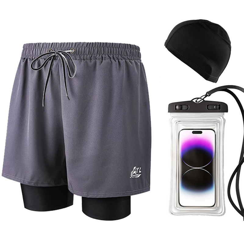 그레이 쓰리피스 슈트(수영복, 수영모, 휴대폰 가방)