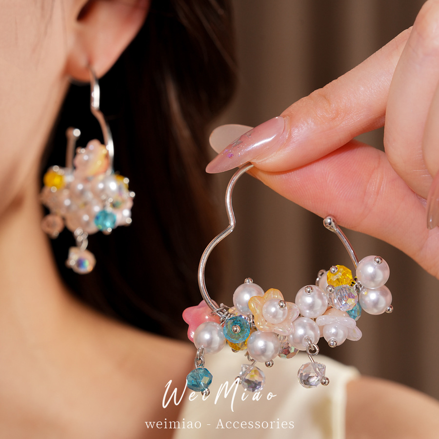 Ramas de flores coloridas ~ flores de aguja de plata bordas perlas aretes de moda de estilo dulce aretes de lujo ligero de alta calidad aretes para mujeres
