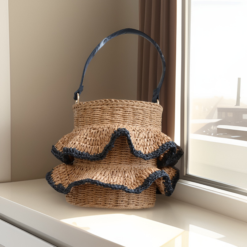 Cute Skirt Hand Shoulder Straw Woven Bag New Bucket Hand Woven Bag Holiday Style Beach Bag Women's Bag