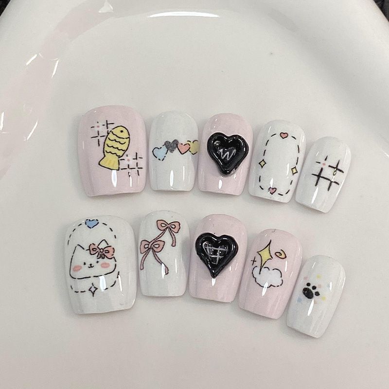 New Cartoon Cute Girl's Wear Armor High Beauty Value Short Style White Three-dimensional Love Simple Ins Style Manicure Sticker