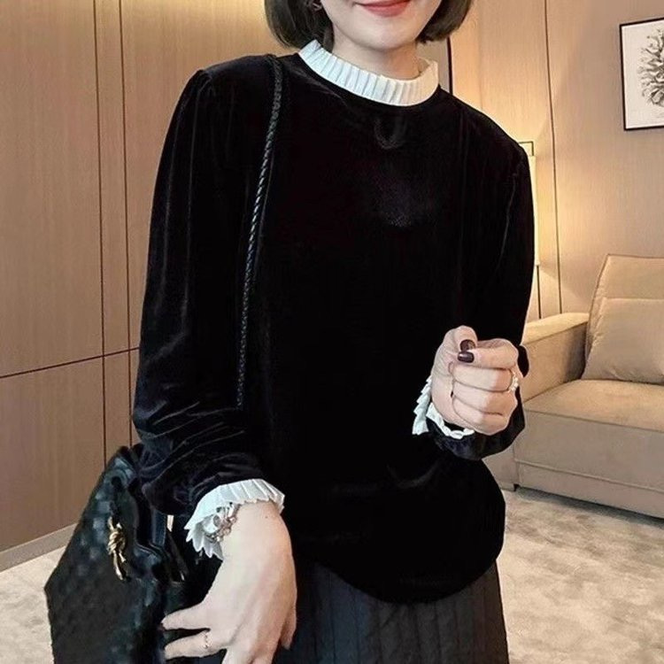 秋季新款半高领纯色百搭上衣女法式高档金丝绒减龄显瘦气质打底衫|undefined