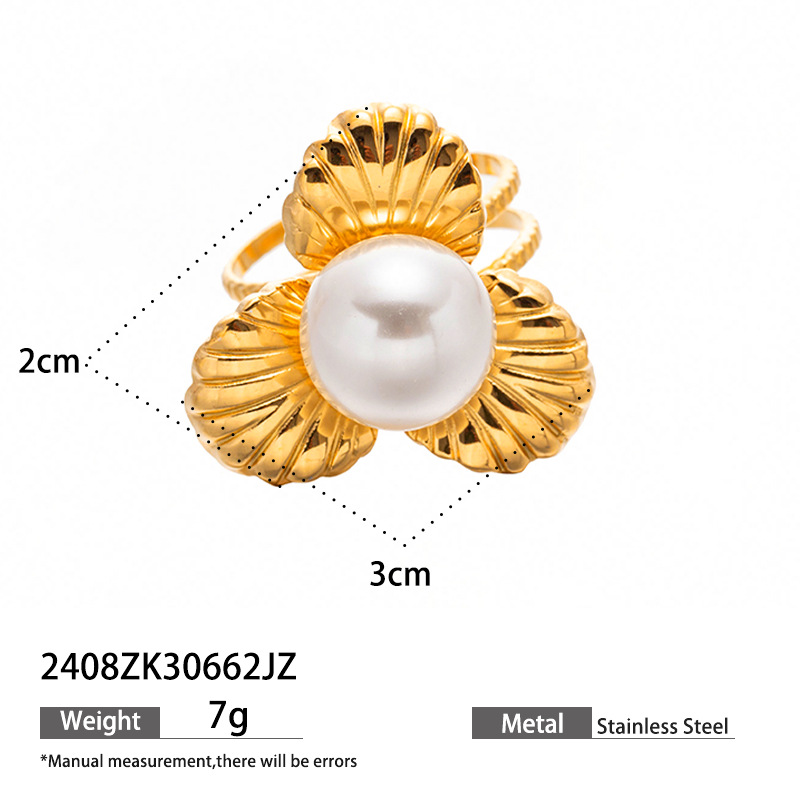 Anillo de acero inoxidable de titanio no se desvanece flores imitación de joyas de perlas joyas de venta caliente transfronterizas