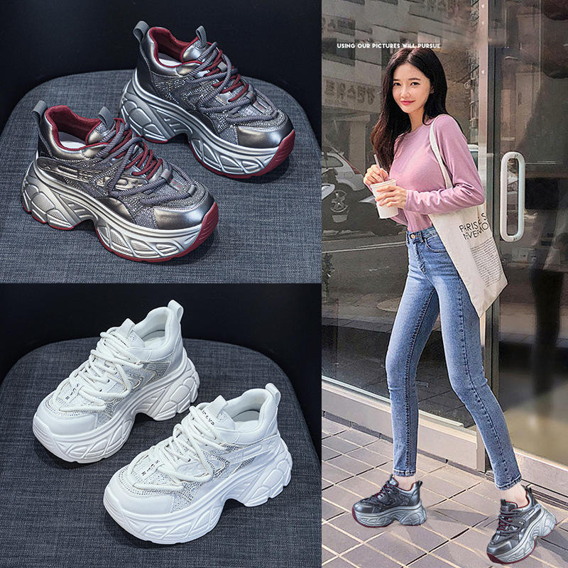 Giày sneaker nữ đế dày chunky tăng chiều cao 9 cm phong cách hot girl — Bạc M2696, M 2696m Màu sắc, M2696 đỏ
